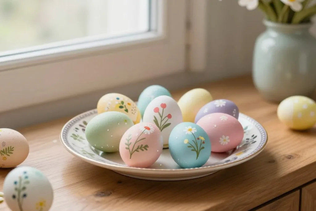 Sideboard im März dekorieren: Weniger ist jetzt mehr Zarte Ostereier in Pastell als März Deko für das Sideboard mit frühlingshafter Wirkung