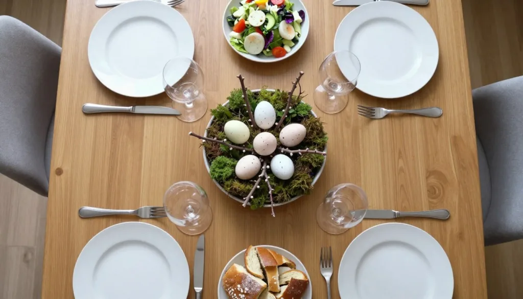 Osterdeko auf dem Esstisch: schön, aber mit Platz fürs Essen Funktionaler Ostertisch mit Deko - Platz für Geschirr und Servierschüsseln