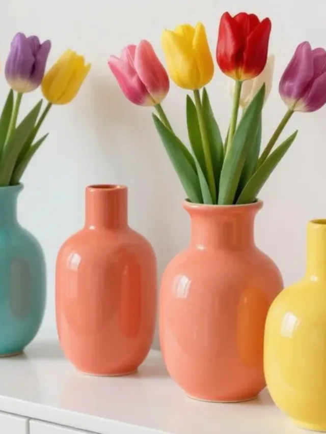 Tulpendeko fürs Wohnzimmer mit bunten Vasen und farbigen Tulpen auf Sideboard