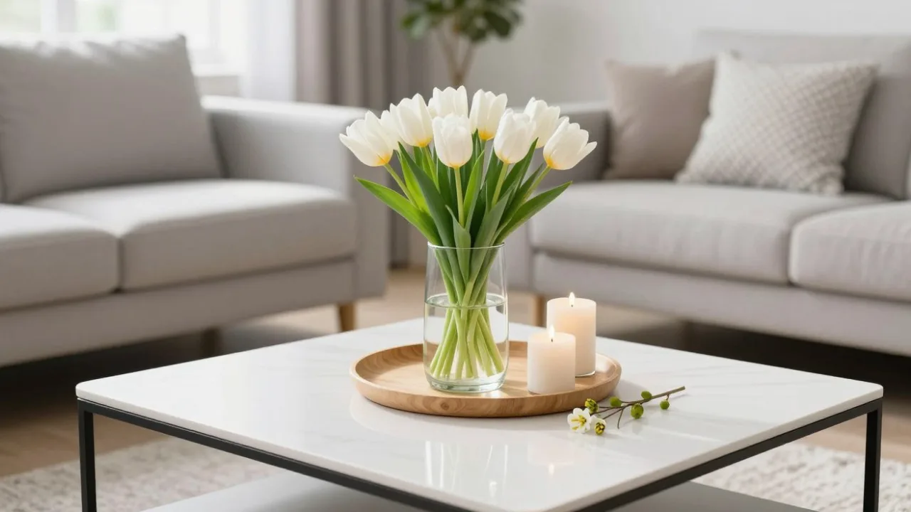 Weiße Tulpen im Glas mit Kerzen als Deko für den Couchtisch im März im hellen Wohnzimmer
