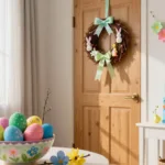 DIY Osterdeko mit Osterkranz, bunten Eiern und Hasenfiguren – fröhliche Frühlingsdekoration fürs Zuhause