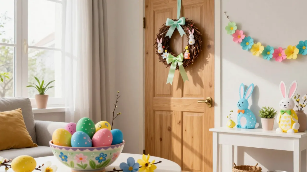DIY Osterdeko mit Osterkranz, bunten Eiern und Hasenfiguren – fröhliche Frühlingsdekoration fürs Zuhause