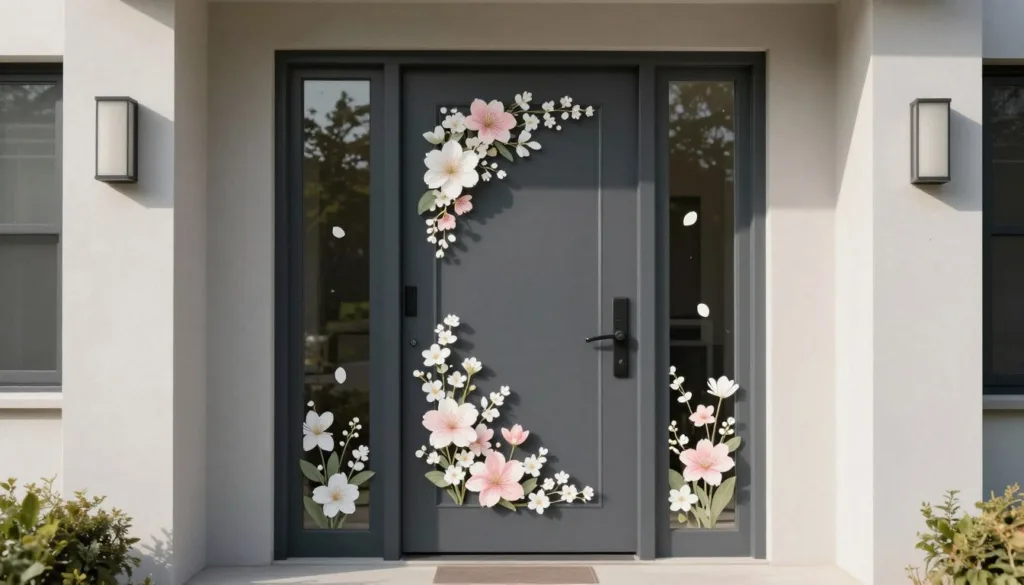 Dunkle Haustür mit hellen Pastellblumen als Kontrast