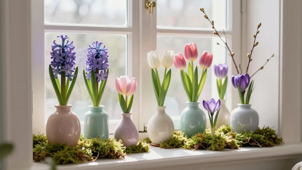 Hyazinthen und Tulpen in Pastellvasen mit Moos als natürliche März Deko für die Fensterbank