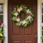Frühlingsdeko für die Haustür mit Blumenkranz, Tulpen und Primeln im Eingangsbereich