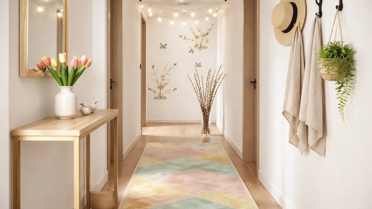 Heller schmaler Flur mit Frühlingsdeko, Tulpen, Weidenkätzchen, pastellfarbenem Teppich und Lichterkette.