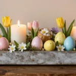 Frühlingshafte Osterdeko mit Kerzen, bunten Ostereiern, Tulpen und Blumen in Metalltablett auf Sideboard