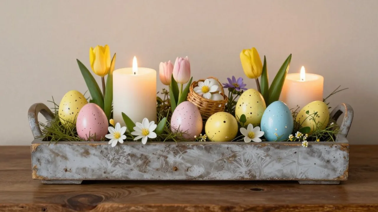 Frühlingshafte Osterdeko mit Kerzen, bunten Ostereiern, Tulpen und Blumen in Metalltablett auf Sideboard