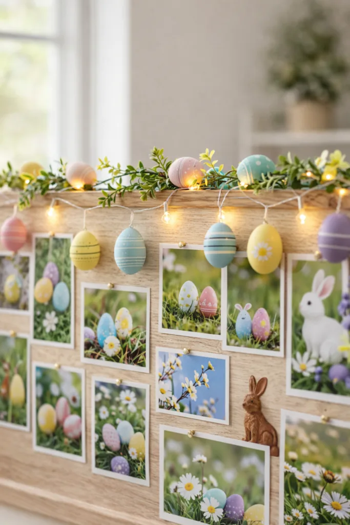 Osterdeko wand mit dekorierten Ostereiern, Lichterkette und Frühlingsfotos auf Holztafel
