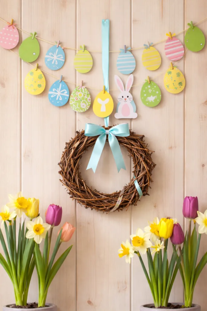 Osterdeko wand mit bunten Ostereiern, Osterkranz aus Zweigen und Frühlingsblumen auf Holz­wand