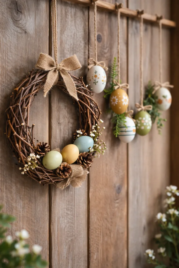 Osterdeko Wand aus Naturmaterialien mit Osterkranz und hängenden Ostereiern an Holzwand