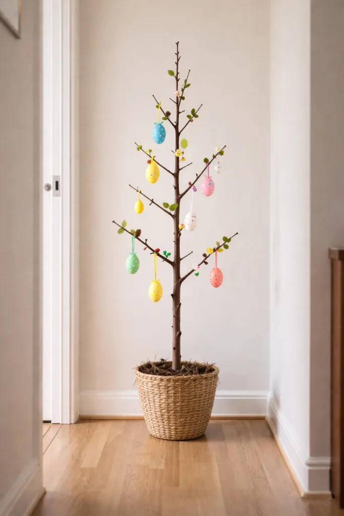 9 einfache Osterdeko-Ideen für einen wunderschönen Flur Minimalistischer Osterbaum im Flur mit bunten Ostereiern in schlichter Frühlingsdeko