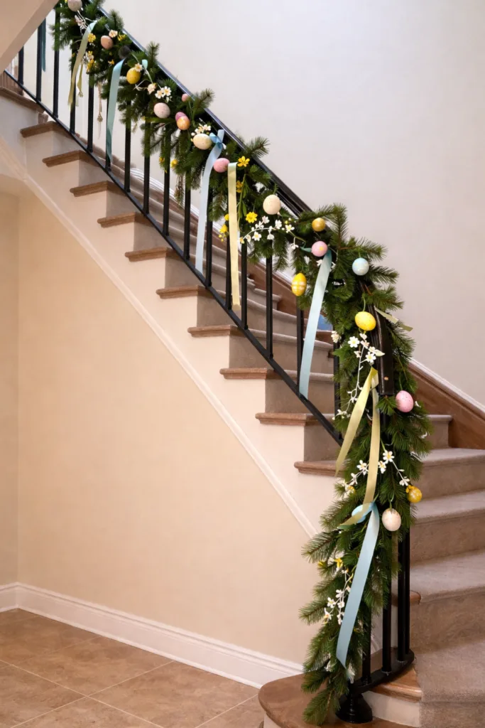 9 einfache Osterdeko-Ideen für einen wunderschönen Flur Osterdeko am Treppengeländer mit Tannengrün, Ostereiern und Schleifen im frühlingshaften Treppenaufgang