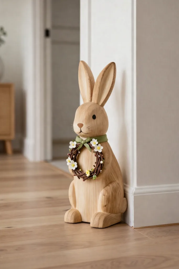 9 einfache Osterdeko-Ideen für einen wunderschönen Flur Holz Osterhase mit Blumenkranz als Frühlingsdeko im Flur, natürliche Osterdekoration