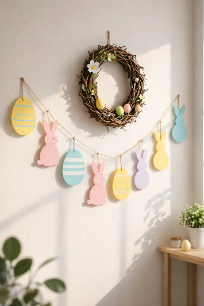 Osterdeko wand mit pastellfarbenen Hasen und Ostereiern an Wandgirlande und Frühlingskranz