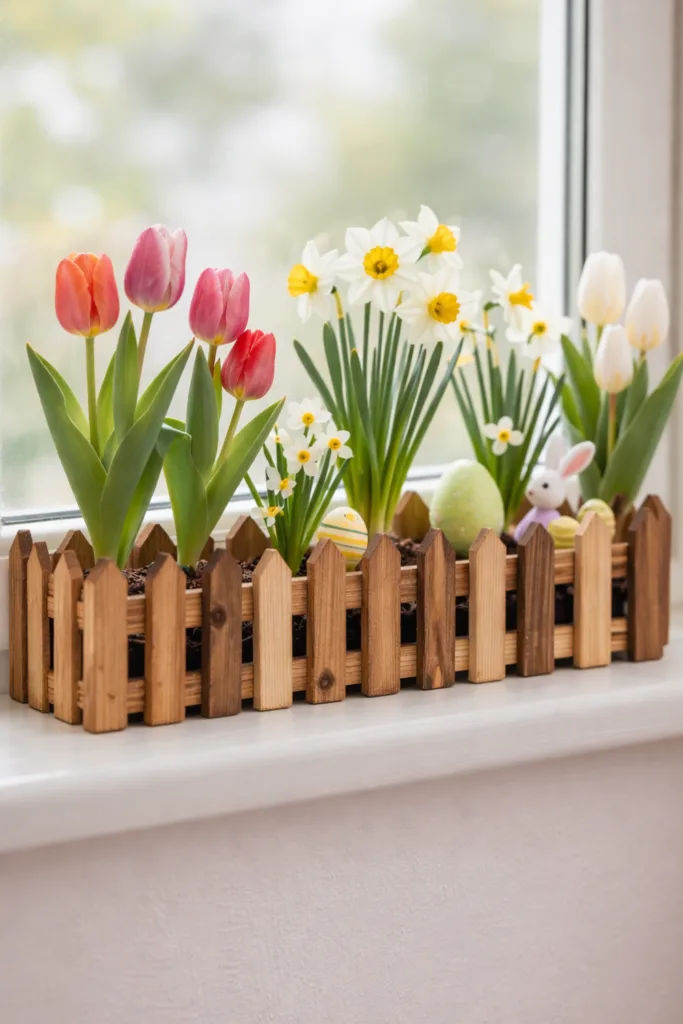 Fensterbank zu Ostern dekorieren – 7 wunderschöne Dekoideen Bunte Tulpen und Narzissen als Osterdeko auf der Fensterbank im Holzzaun