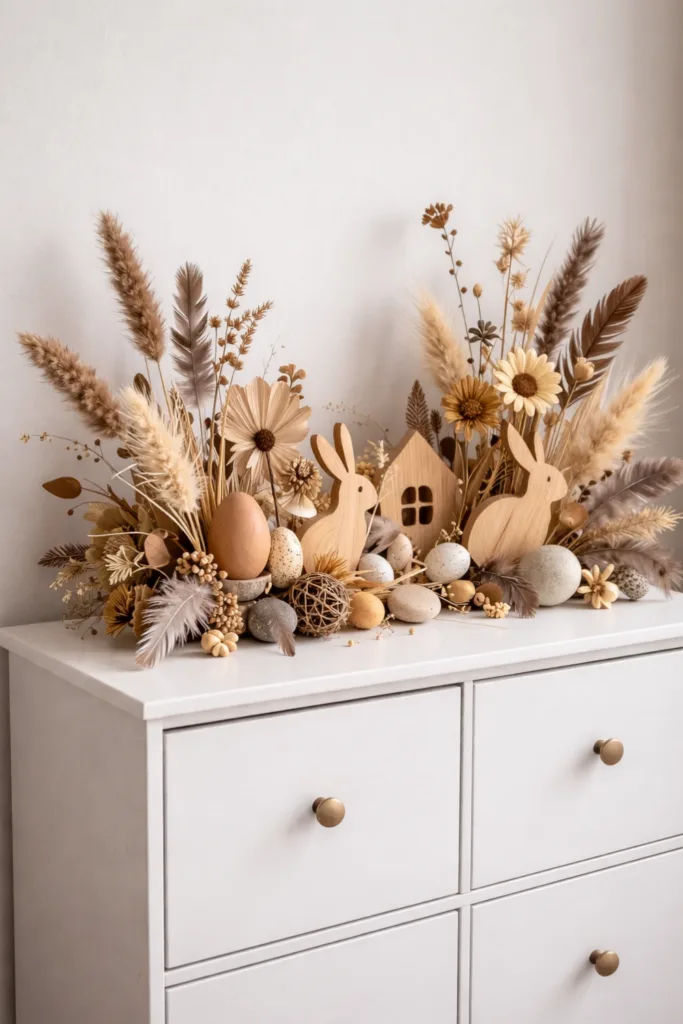 Osterdeko für die Kommode - 8 wunderschöne Ideen zu Ostern Holzhasen, Eier und Trockenblumen als natürliche Osterdeko auf einer Kommode