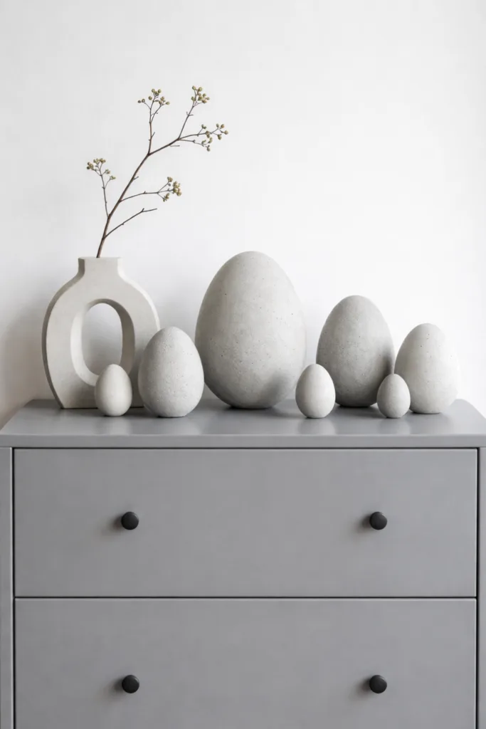 Osterdeko für die Kommode - 8 wunderschöne Ideen zu Ostern Minimalistische Osterdeko mit grauen Betoneiern und Vase auf grauer Kommode