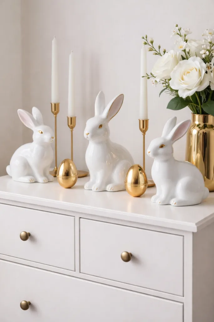 Osterdeko für die Kommode - 8 wunderschöne Ideen zu Ostern Weiße Hasenfiguren und goldene Ostereier als elegante Osterdeko auf der Kommode