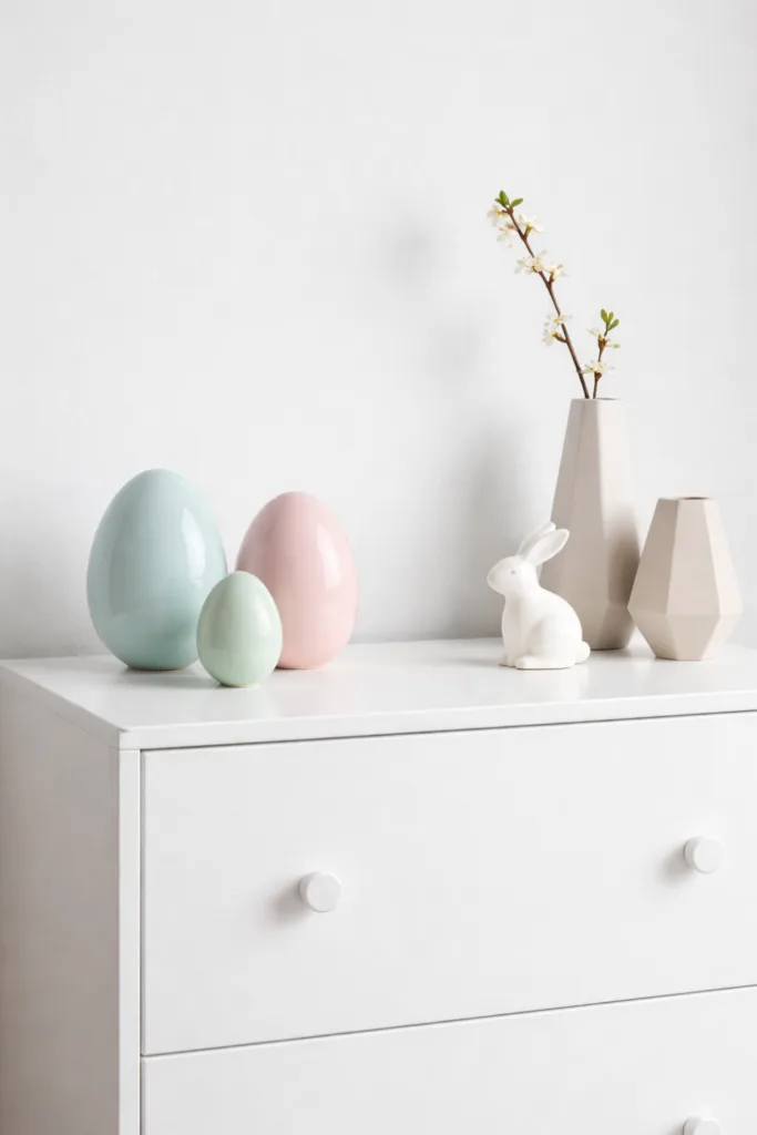 Osterdeko für die Kommode - 8 wunderschöne Ideen zu Ostern Minimalistische Osterdeko auf Kommode mit pastellfarbenen Eiern, Vasen und Keramikhase