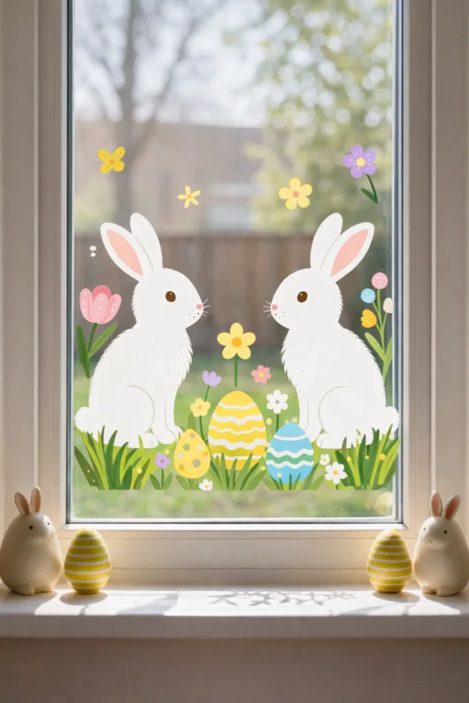 Fensterbank zu Ostern dekorieren – 7 wunderschöne Dekoideen Osterdeko am Fenster mit Hasen, Blumen und bunten Ostereiern auf der Fensterbank