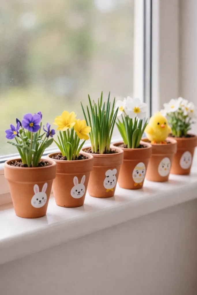 Fensterbank zu Ostern dekorieren – 7 wunderschöne Dekoideen Kleine Osterblumentöpfe mit Frühlingsblumen als Deko für die Fensterbank