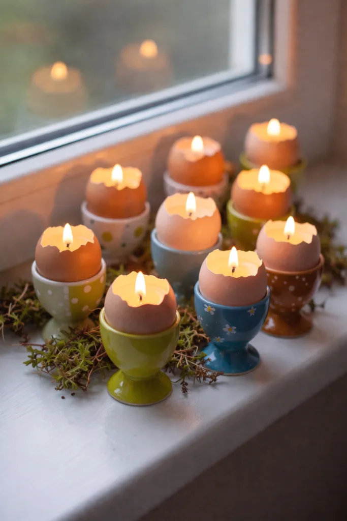 Fensterbank zu Ostern dekorieren – 7 wunderschöne Dekoideen Eierkerzen im Eierbecher als kreative Osterdeko auf der Fensterbank