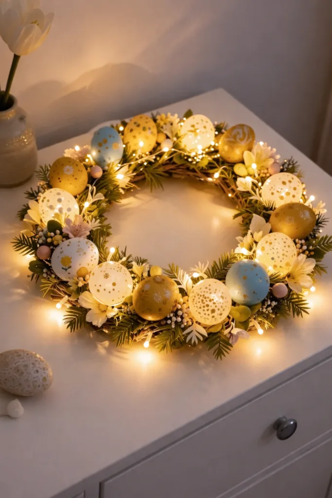 Osterdeko für die Kommode - 8 wunderschöne Ideen zu Ostern Leuchtender Osterkranz mit Eiern und Blumen als Osterdeko für die Kommode