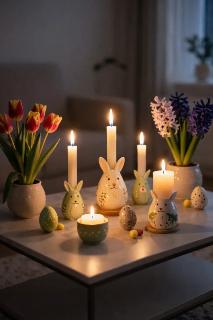 Osterdeko für den Couchtisch - 6 Ideen, die du lieben wirst Osterdeko für den Couchtisch mit Kerzen, Hasenfiguren und Frühlingsblumen