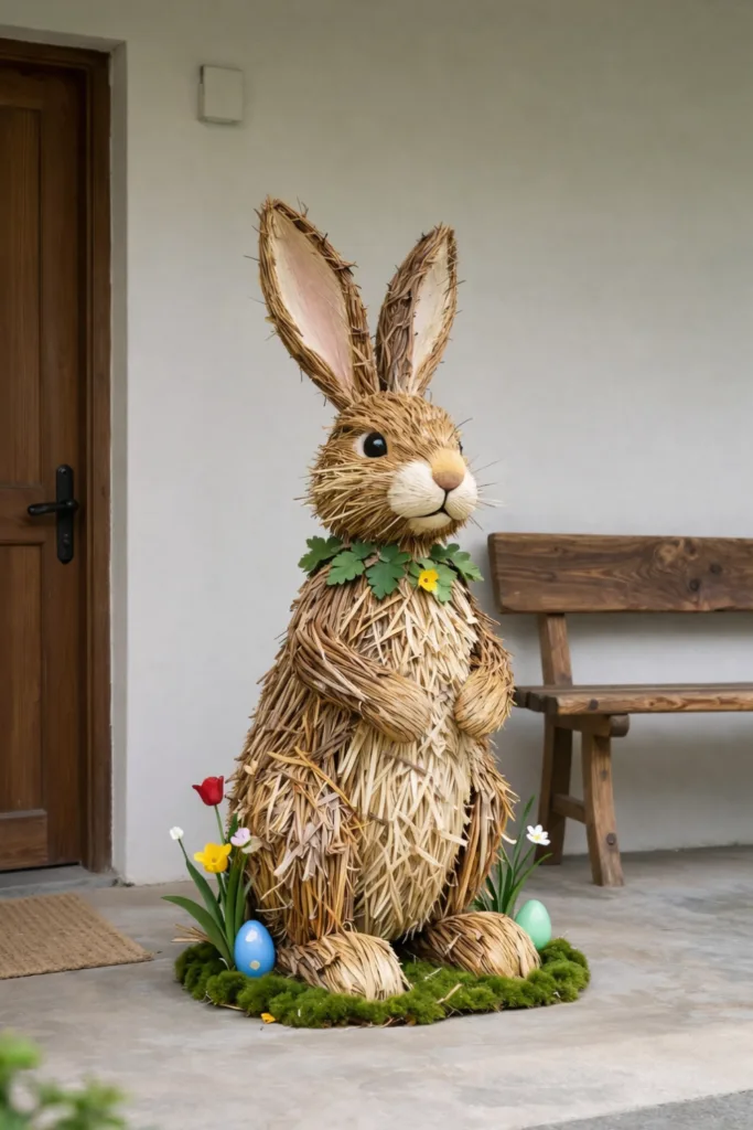 Osterhase aus Stroh als natürliche Osterdeko vor der Haustür mit Bank und Frühlingsblumen