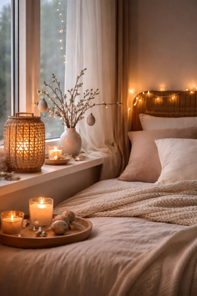 Gemütlich beleuchtetes Schlafzimmer mit Osterdeko, Kerzen und Lichterkette