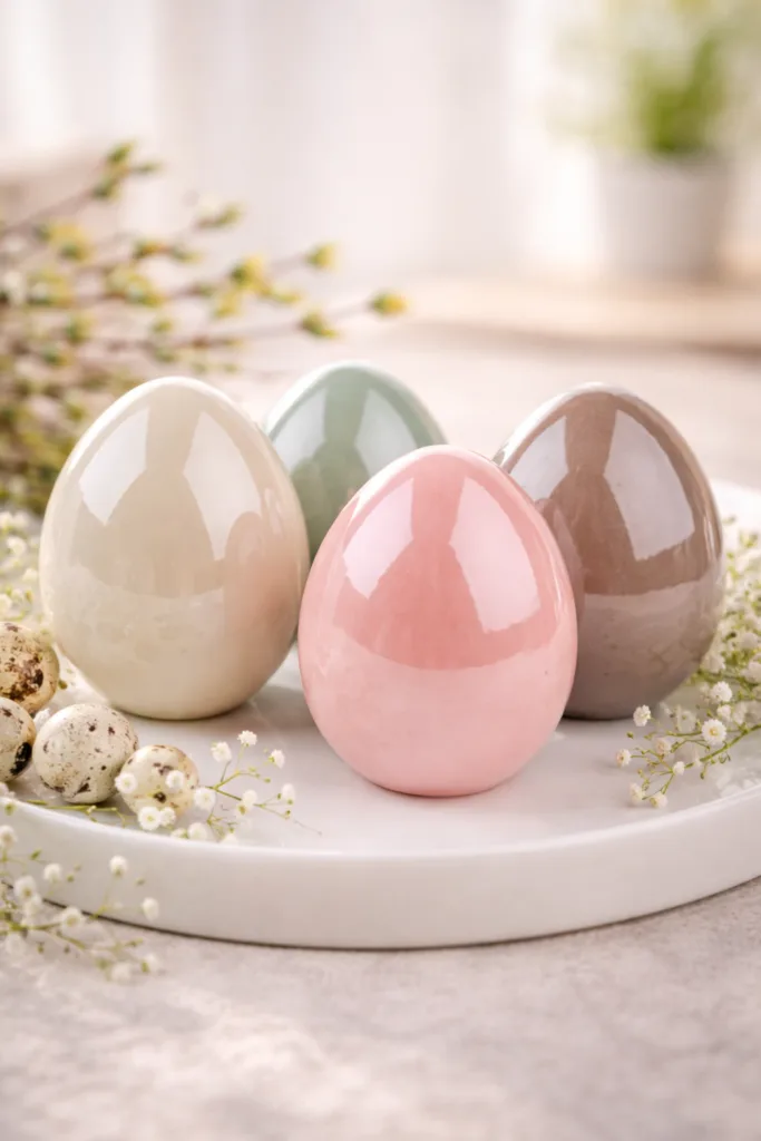 Vier glänzende Keramik-Ostereier in Creme, Mint, Rosé und Taupe als Osterdeko