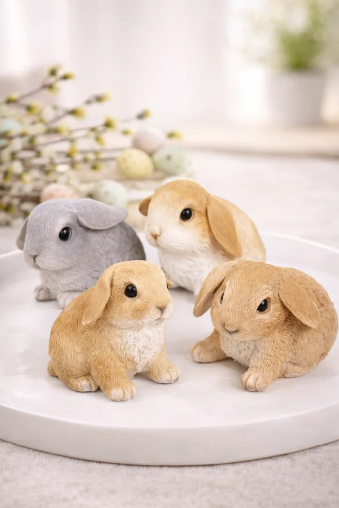 Vier kleine Deko-Hasenfiguren in Naturtönen als Osterdeko fürs Wohnzimmer