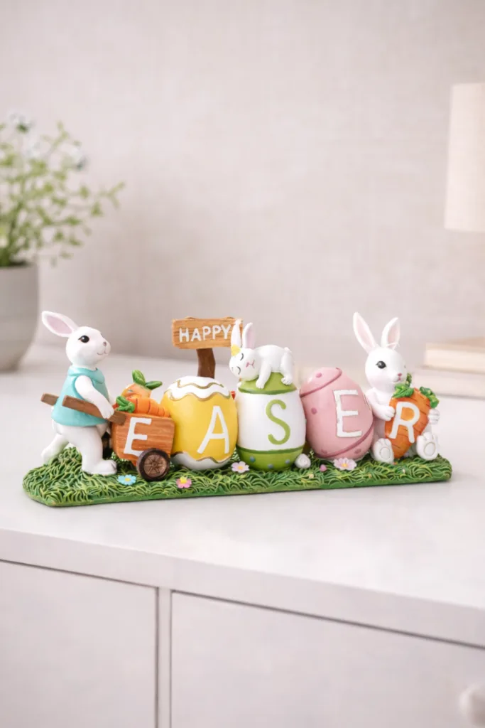 Bunte Osterdeko mit Hasenfiguren und Ostereiern auf einem weißen Sideboard im Wohnzimmer