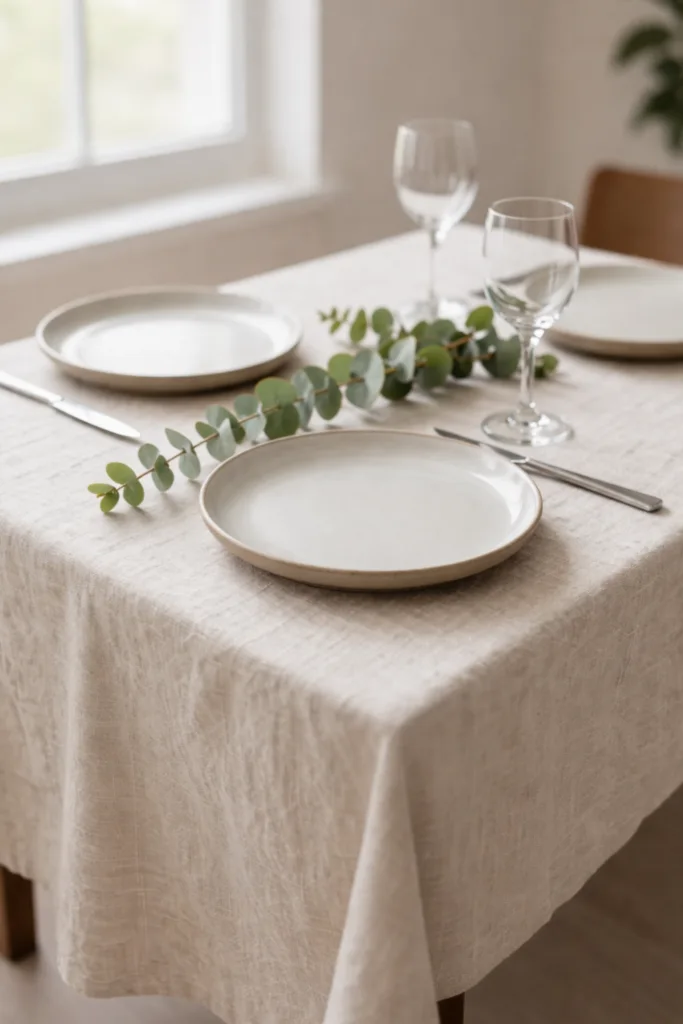 minimalistisch gedecktem Tisch mit Eukalyptus, Tellern und Gläsern im natürlichen Licht