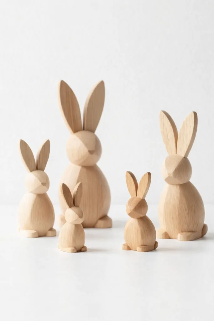 Holzhasen Osterdeko – fünf minimalistische Hasenfiguren aus hellem Holz vor weißem Hintergrund