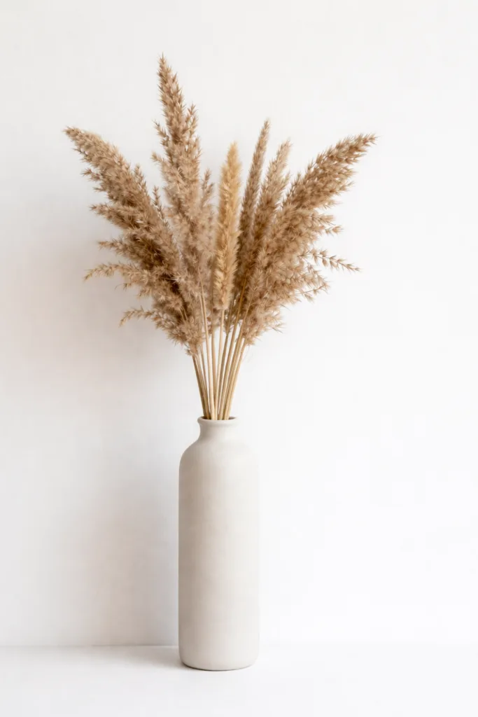 Pampasgras in weißer Vase vor heller Wand, minimalistische Wohn-Deko mit Naturmaterialien