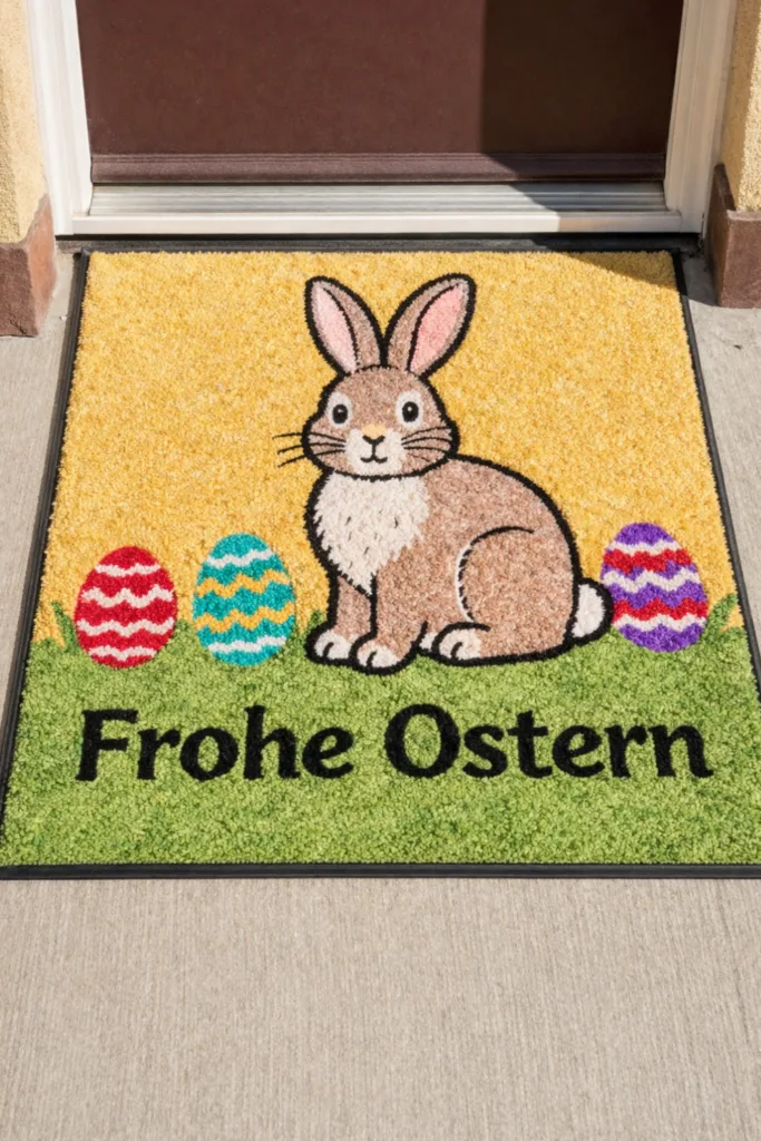 Frohe Ostern Fußmatte im Hochformat mit Osterhase und bunten Ostereiern vor der Haustür