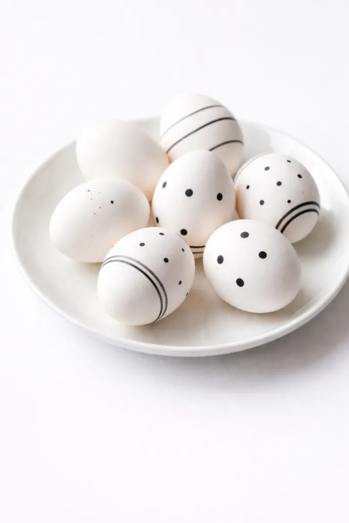 Schwarz-weiße Ostereier mit Punkten und Streifen auf weißem Teller im Hochformat, minimalistisch dekoriert