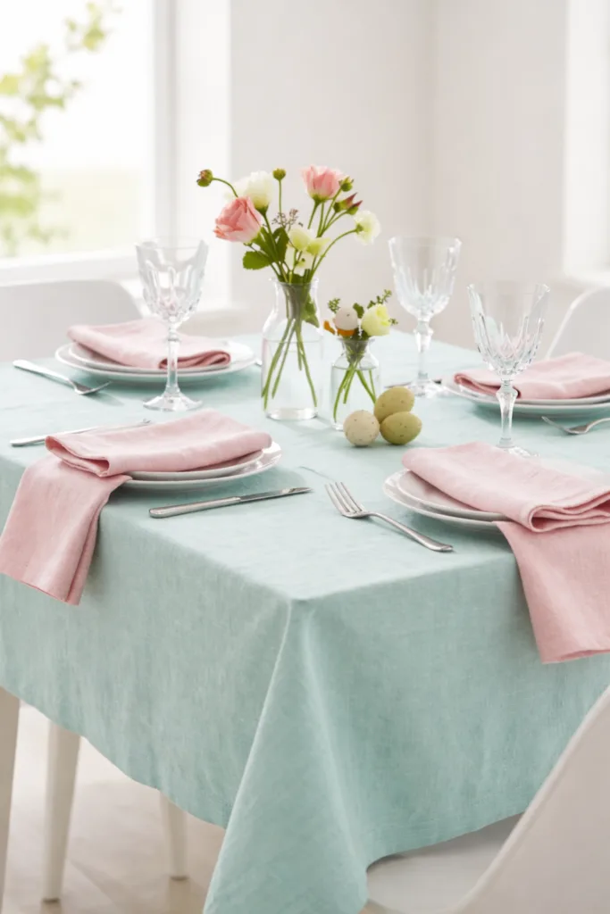 Ostern in sanften Farben: So wird dein Zuhause wirklich gemütlich Ostern gemütlich dekorieren mit Pastell Tischdeko, mintfarbener Tischdecke und rosé Servietten