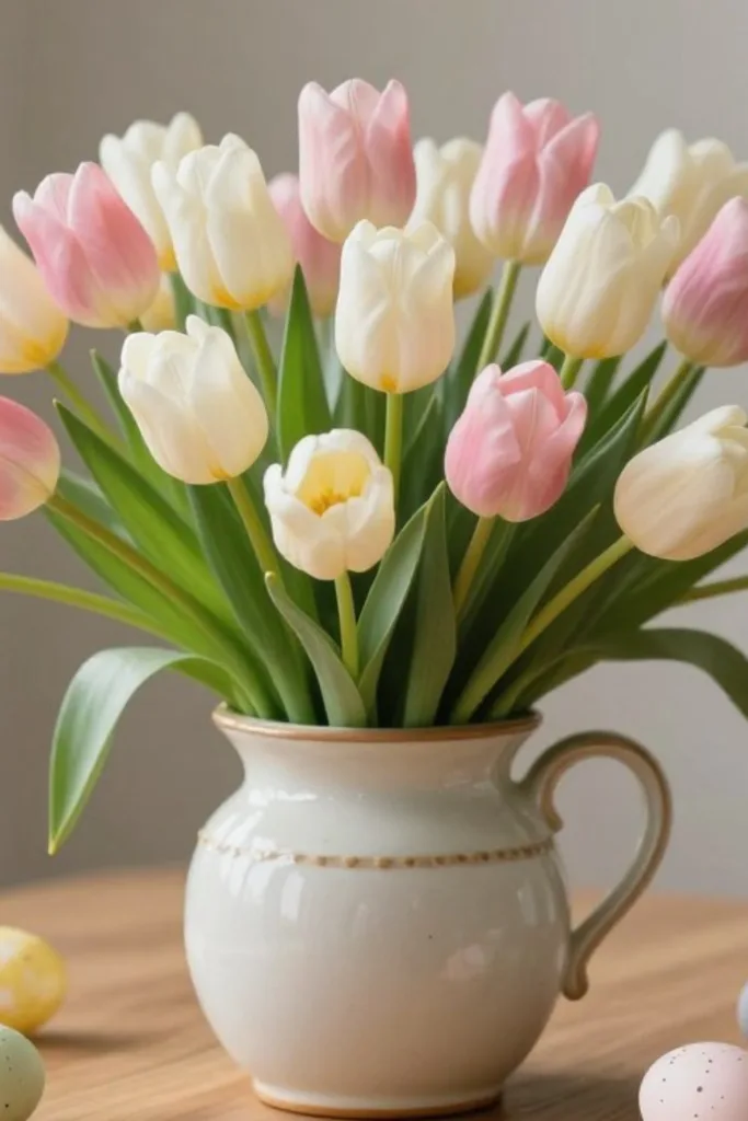 Ostern in sanften Farben: So wird dein Zuhause wirklich gemütlich Ostern gemütlich dekorieren mit Pastell Tulpenstrauß in Keramikkrug auf Holztisch