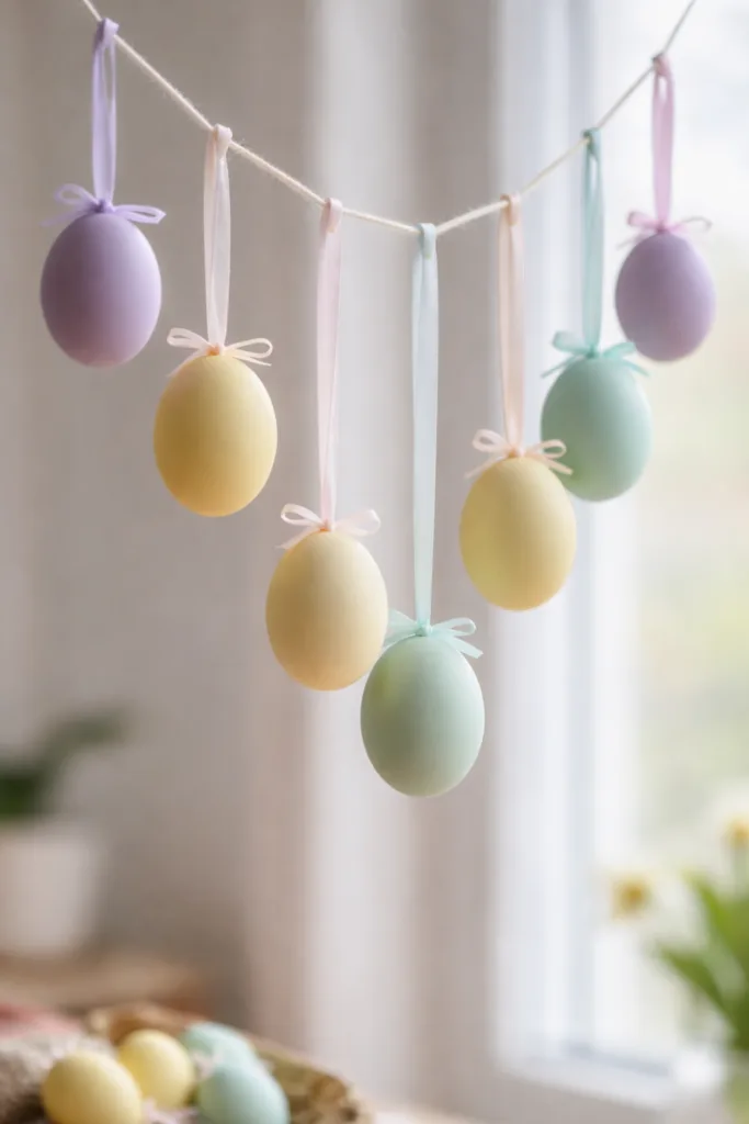 Ostern in sanften Farben: So wird dein Zuhause wirklich gemütlich Ostern gemütlich dekorieren mit hängenden Pastell Ostereiern am Fenster in sanften Farben