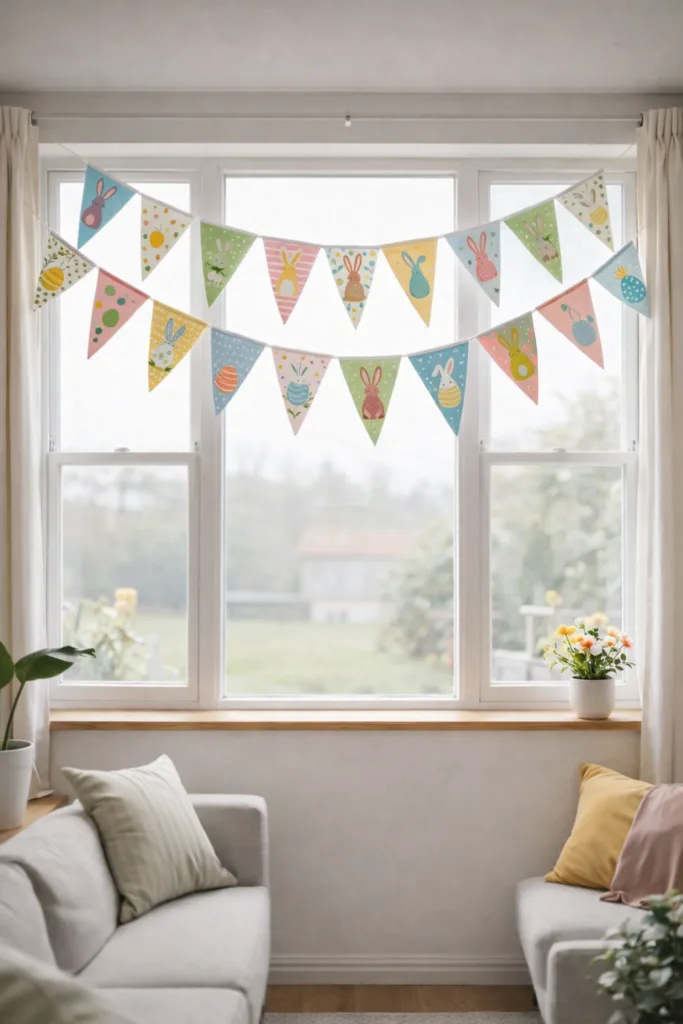 Osterdeko für große Fenster mit bunten Pastell-Girlanden und Frühlingsstimmung im Wohnzimmer