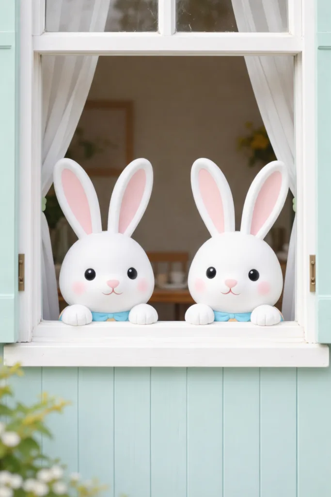 6 Ideen für deine Osterdeko am Fenster, die sofort ins Auge fallen Zwei Osterhasen als Fensterdeko, niedliche Osterhasen am Fenster, frühlingshafte Osterdeko