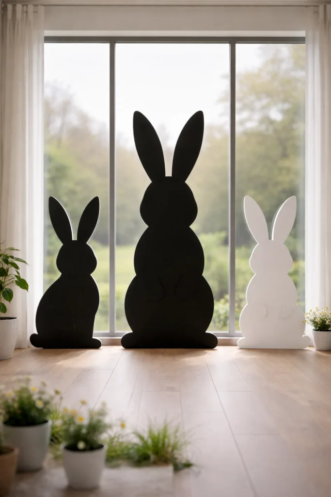 Osterdeko für große Fenster mit schwarzen und weißen Hasensilhouetten vor Gartenblick