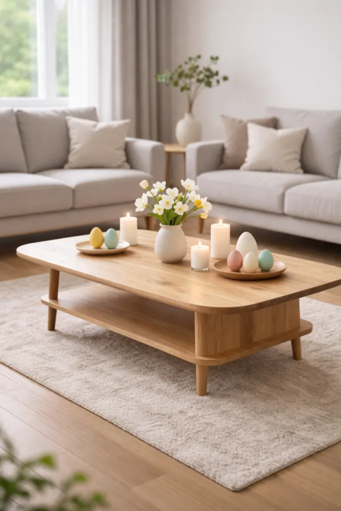 Wie du deinen Wohnzimmertisch zu Ostern dekorierst ohne ihn zu überladen Osterdeko im Wohnzimmer mit Holz-Couchtisch, Kerzen, Blumen und pastellfarbenen Ostereiern im Hochformat