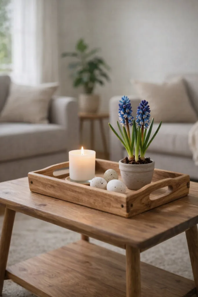 Wie du deinen Wohnzimmertisch zu Ostern dekorierst ohne ihn zu überladen Frühlingsdeko im Wohnzimmer mit Hyazinthen, Kerze, Holztablett und Ostereiern auf Couchtisch im Hochformat
