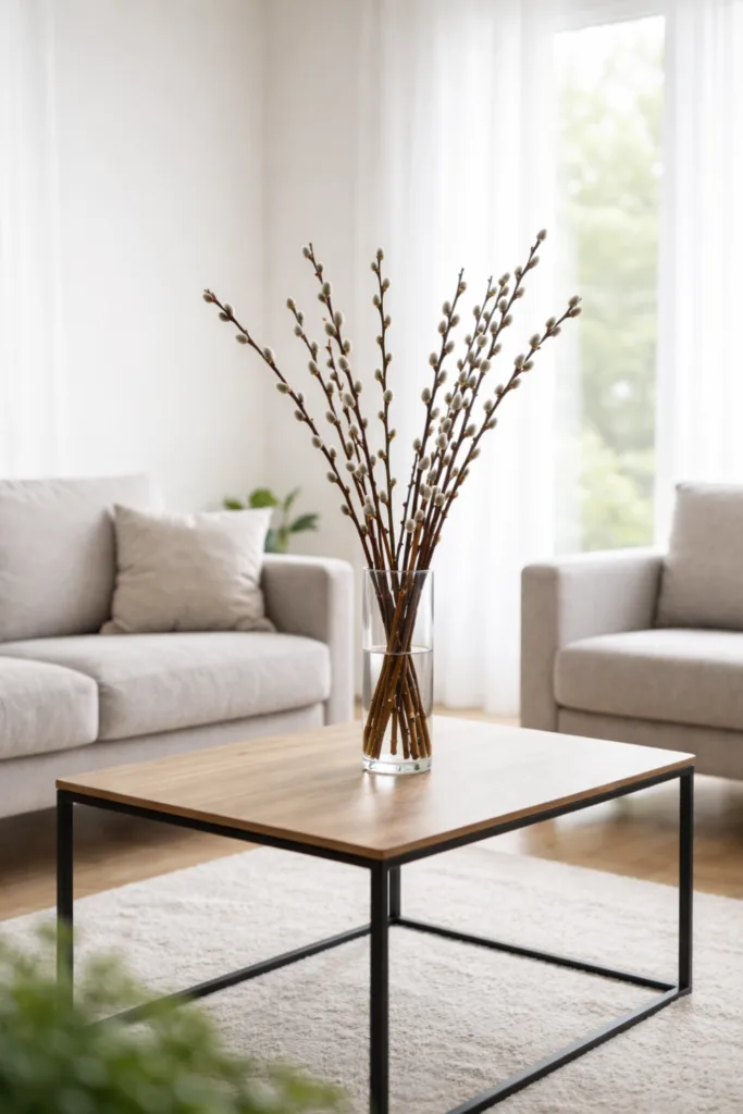 Wie du deinen Wohnzimmertisch zu Ostern dekorierst ohne ihn zu überladen Weidenkätzchen in Glasvase auf Holztisch im minimalistischen Wohnzimmer, helle Frühlingsdeko mit natürlichem Licht