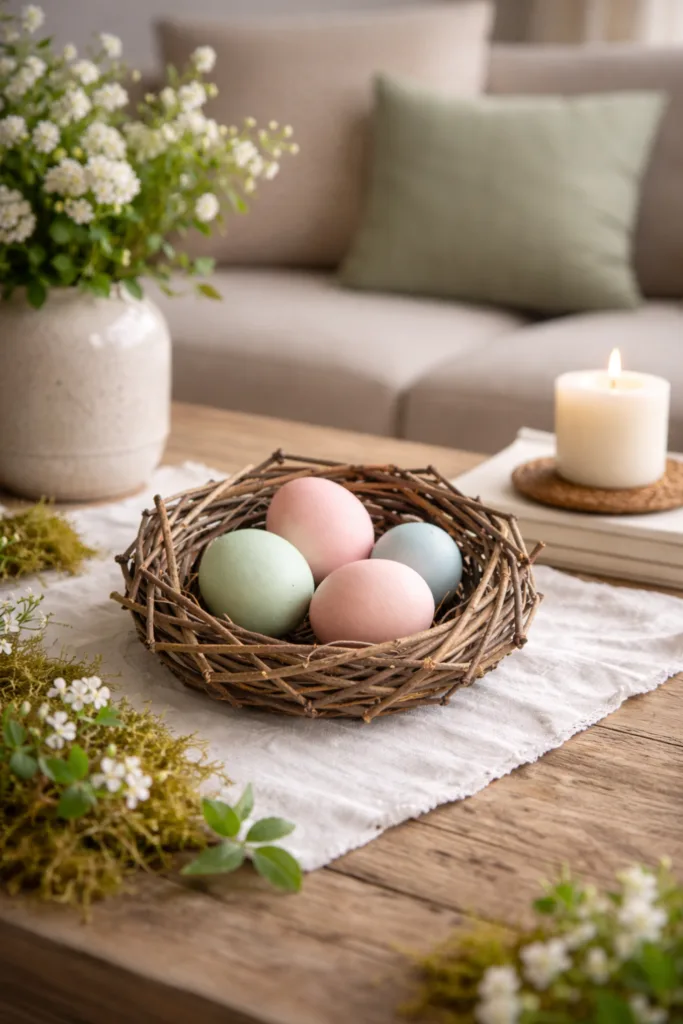 Wie du deinen Wohnzimmertisch zu Ostern dekorierst ohne ihn zu überladen Pastellfarbene Ostereier im Nest als Osterdeko auf Wohnzimmertisch mit Blumen und Kerze