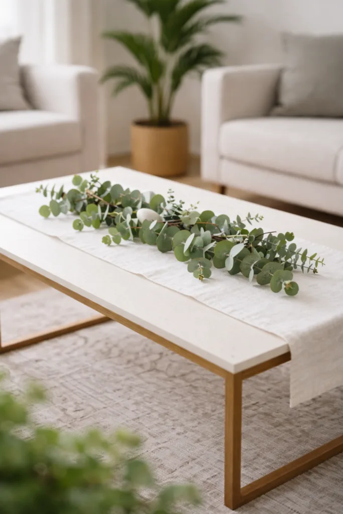 Wie du deinen Wohnzimmertisch zu Ostern dekorierst ohne ihn zu überladen Eukalyptus Tischdeko auf weißem Couchtisch im minimalistischen Wohnzimmer mit weichem Licht und natürlicher Tiefe